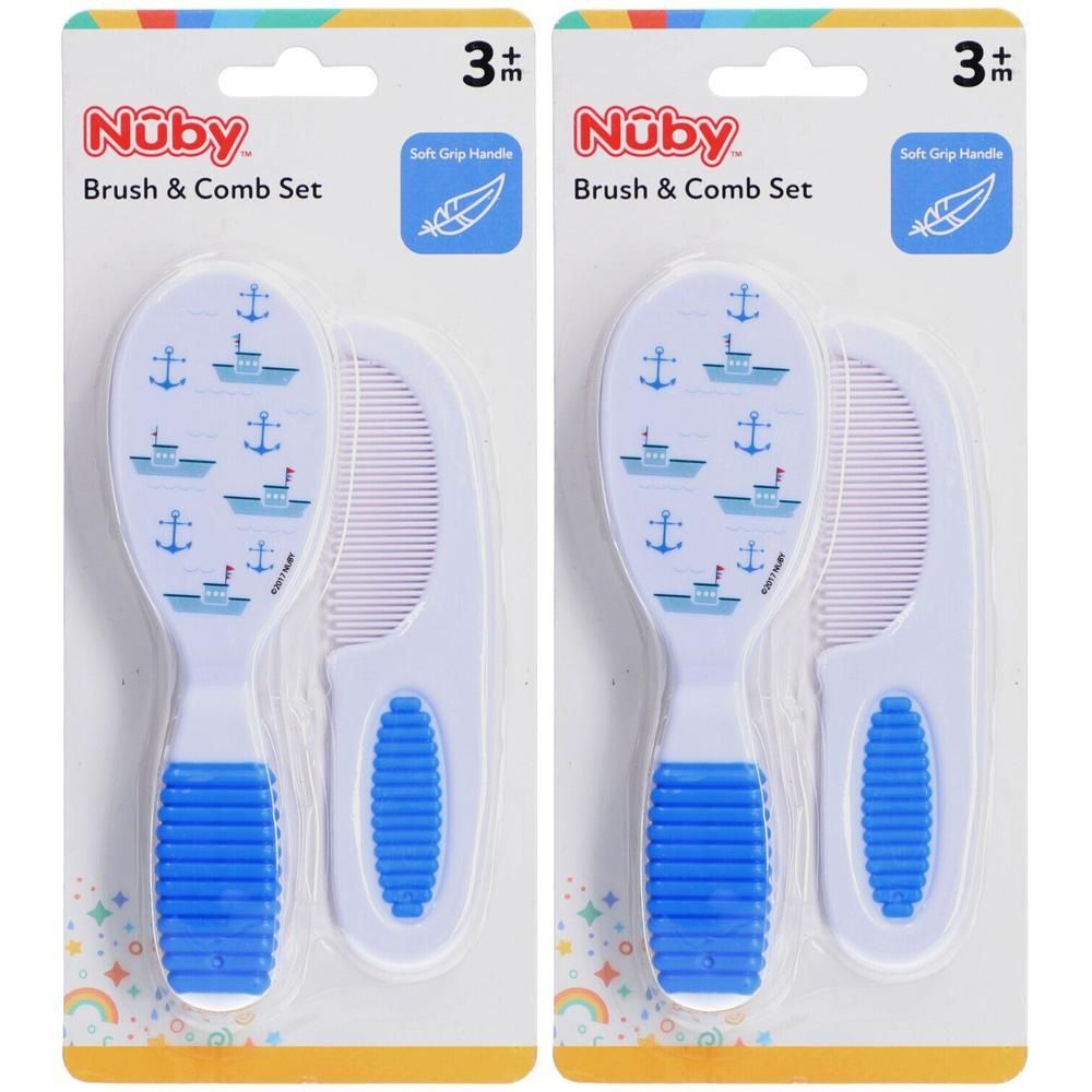Nuby borstel- en kamset met blauw handvat en scheepsdesign. Vanaf 3 maanden.