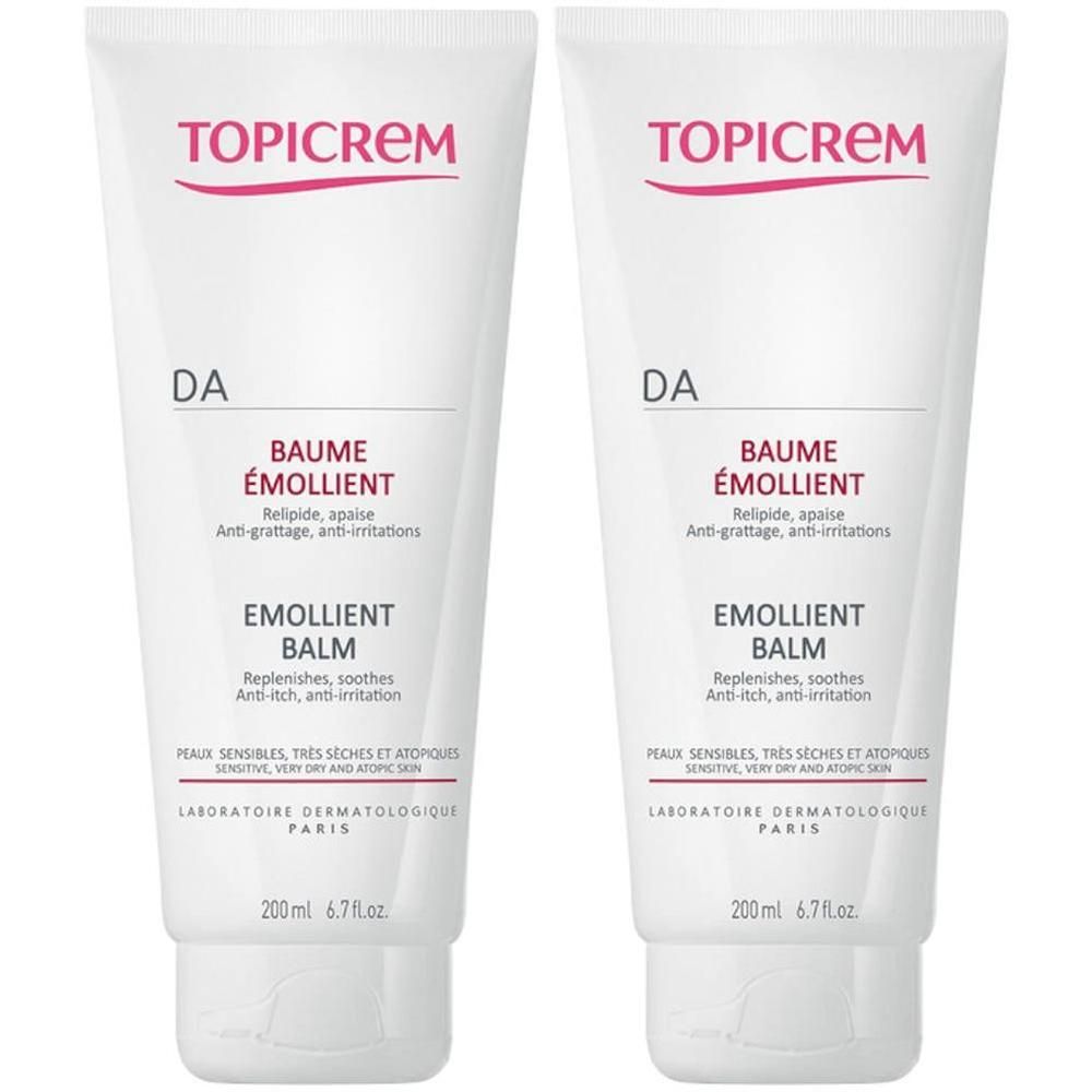 Deux tubes de baume émollient Topicrem DA, 200ml.