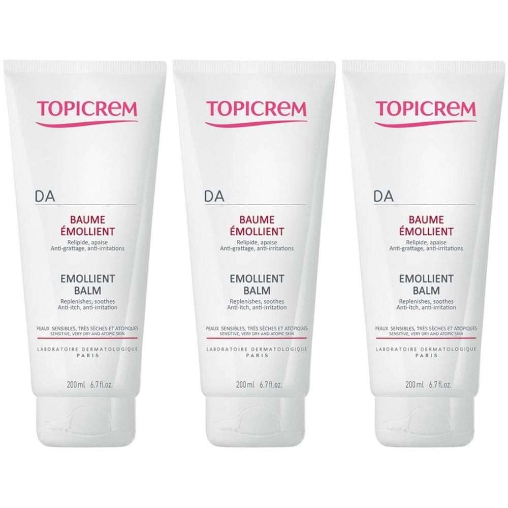 Drie witte tubes Topicrem DA Emollient Balm, elk 200ml.