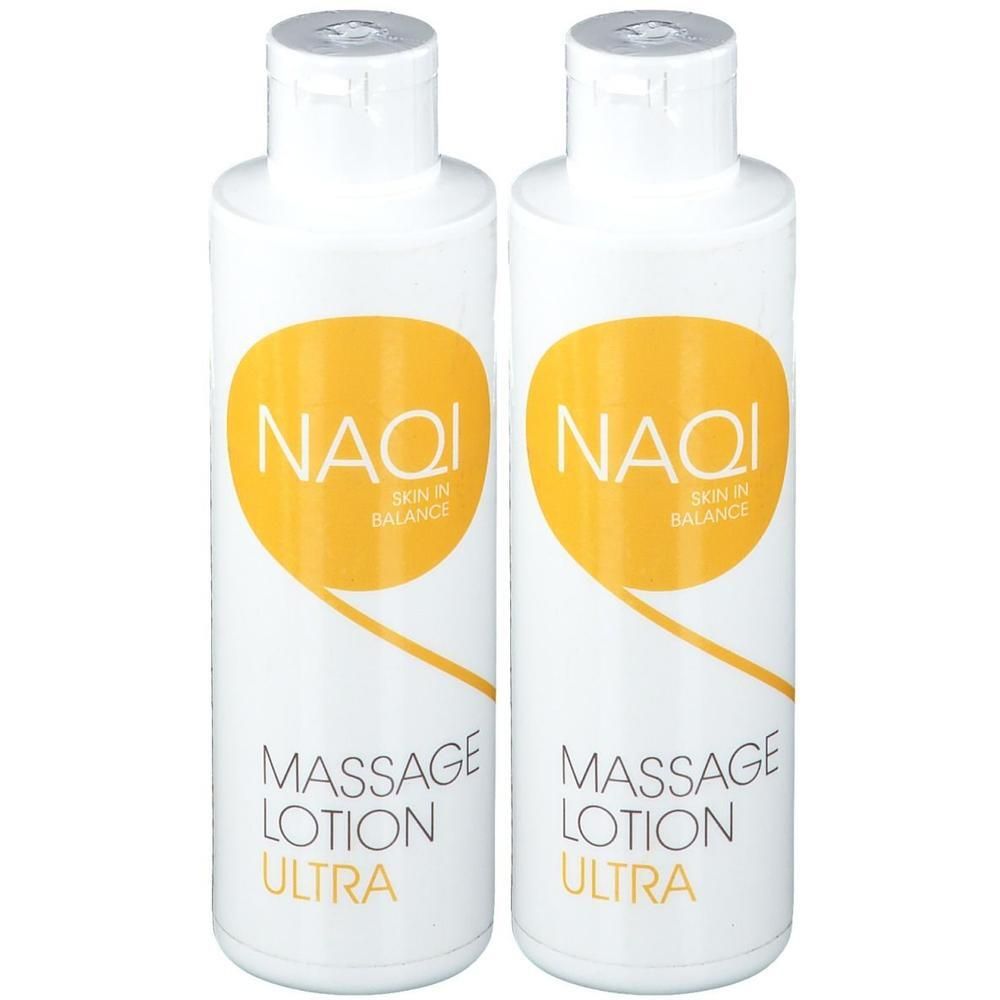 Deux bouteilles de lotion de massage NAQI Ultra avec cercle jaune et texte.