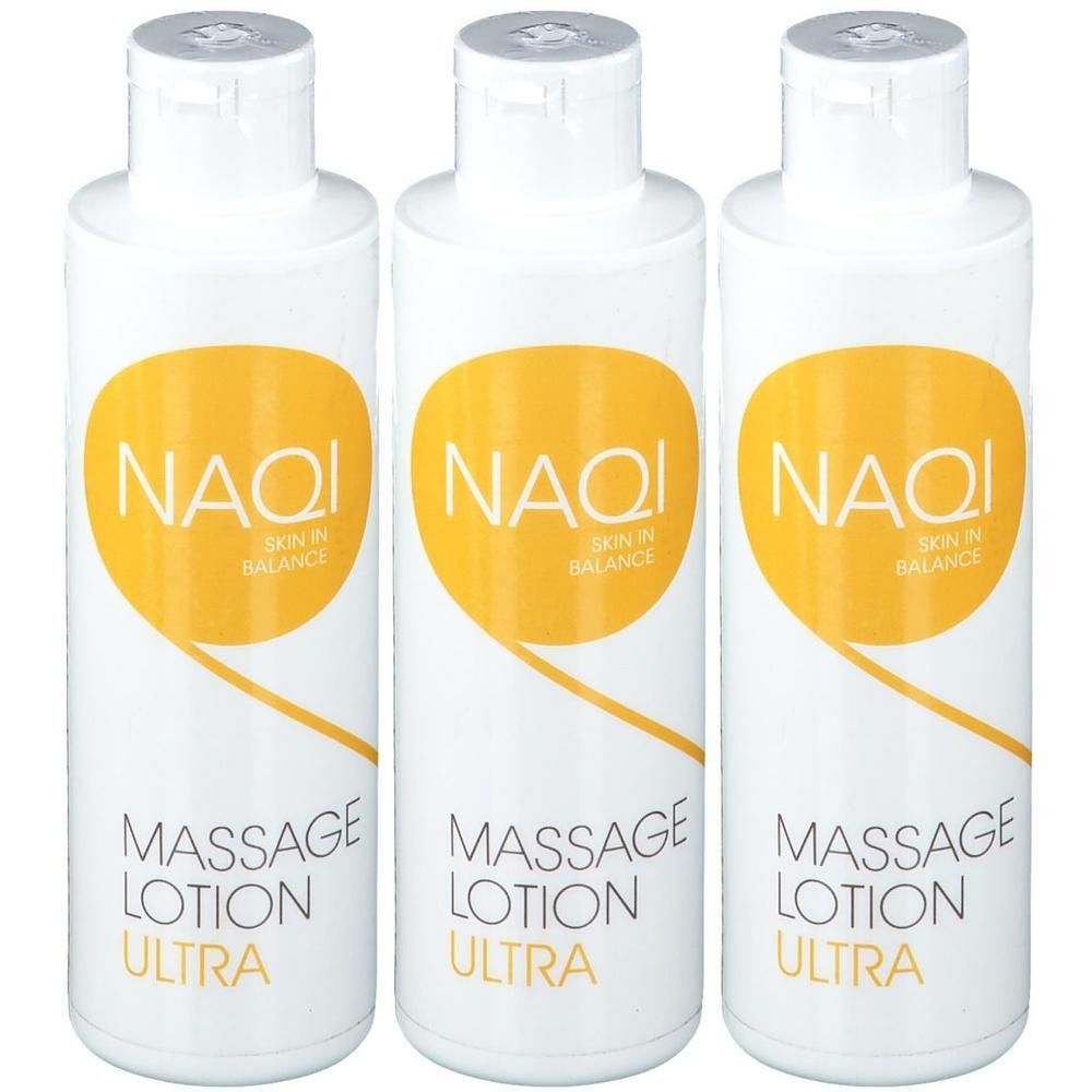 Drie witte flessen NAQI Massage Lotion Ultra met geel logo.