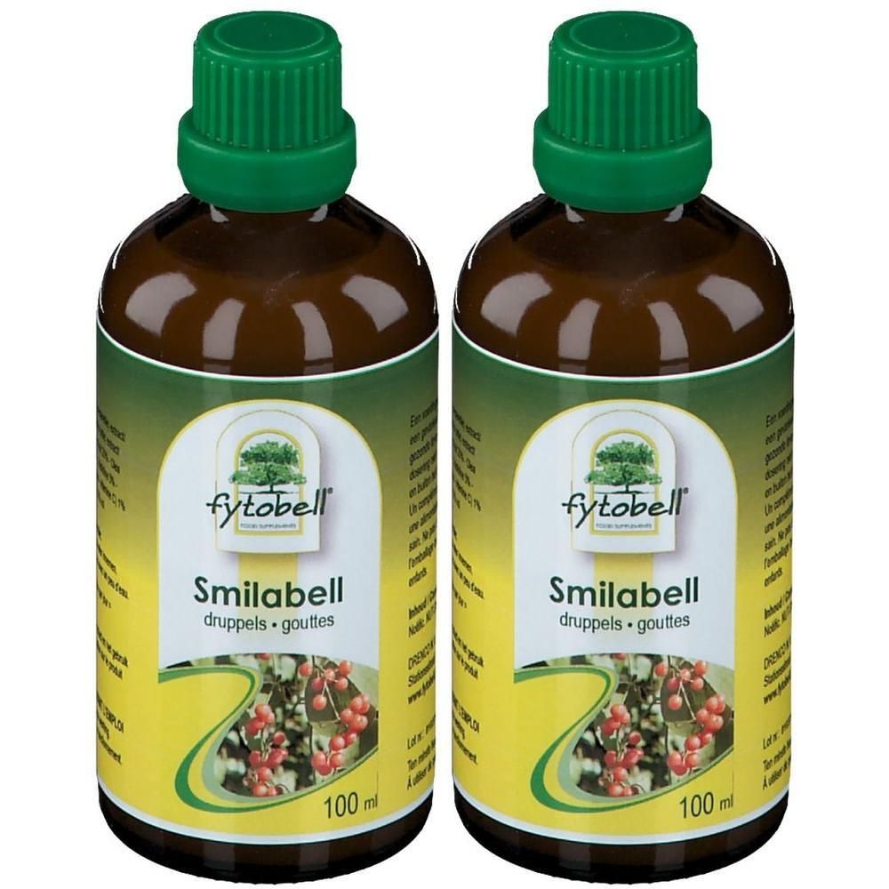 Deux flacons compte-gouttes bruns avec bouchons verts, étiquettes "Fytobell Smilabell" et baies.