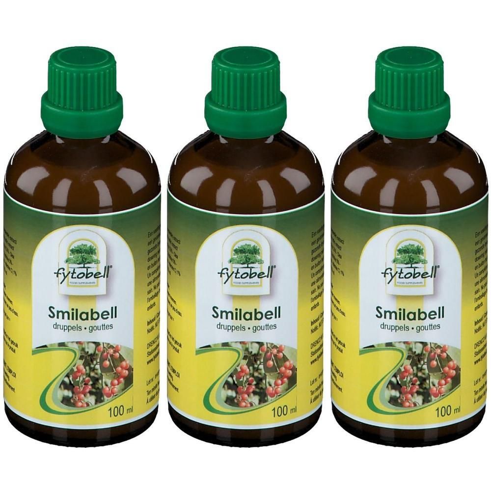 Trois flacons en verre brun avec bouchon vert, contenant Fytobell Smilabell gouttes, 100 ml.