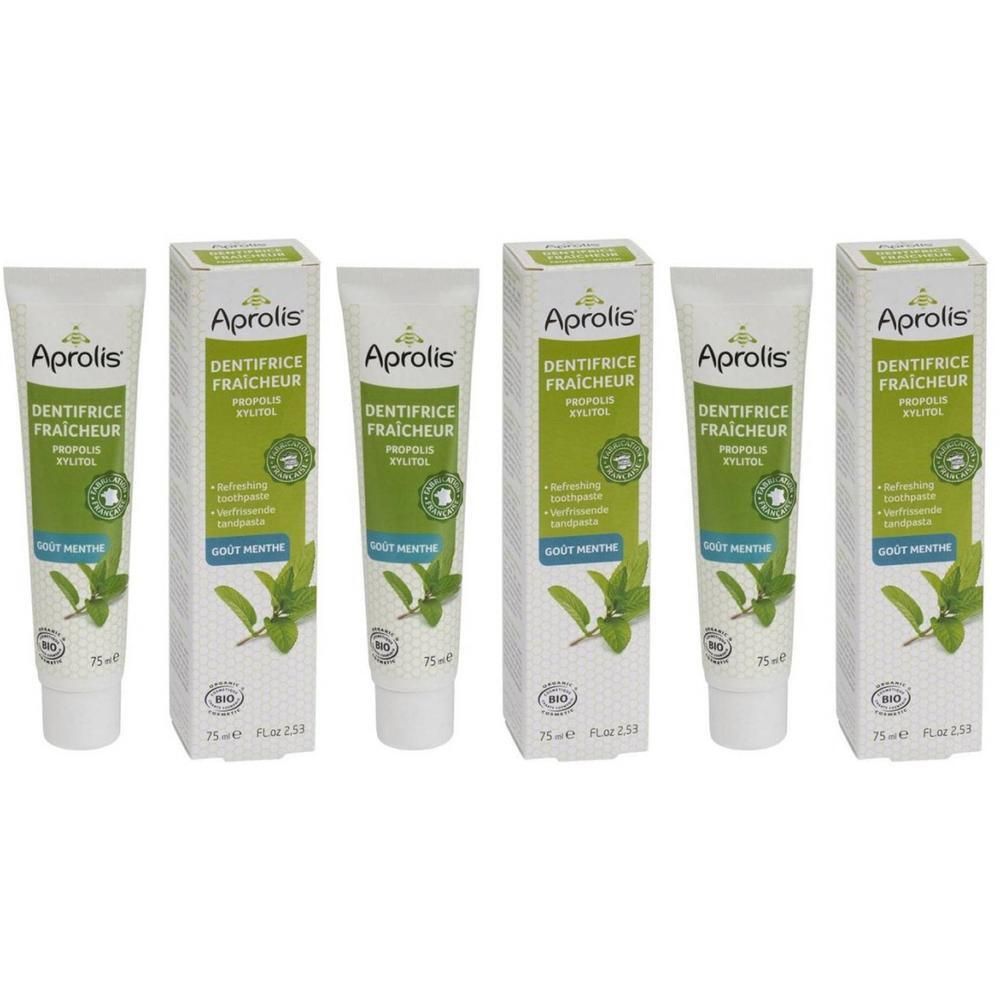 Zes tubes en doosjes Aprolis tandpasta met muntsmaak en propolis extract.