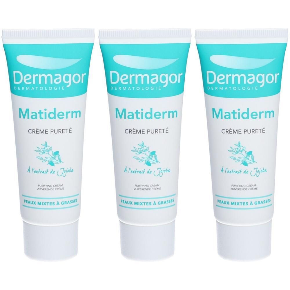 Trois tubes de Dermagor Matiderm Crème Pureté à l'extrait de Jojoba pour peaux mixtes à grasses.