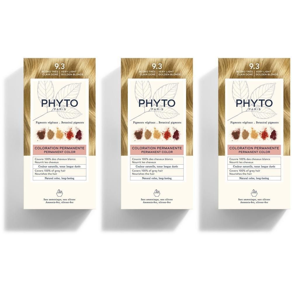 Trois boîtes de Phyto Phytocolor 9.3 Blond Très Clair Doré.