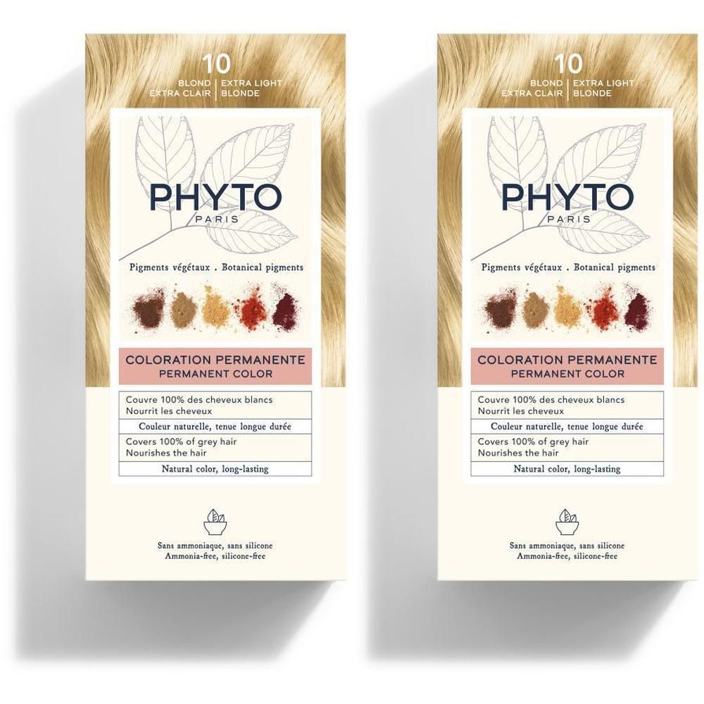 Deux boîtes de Phyto Phytocolor 10 Blond Extra Clair coloration permanente. Montre des pigments végétaux et des nuances.