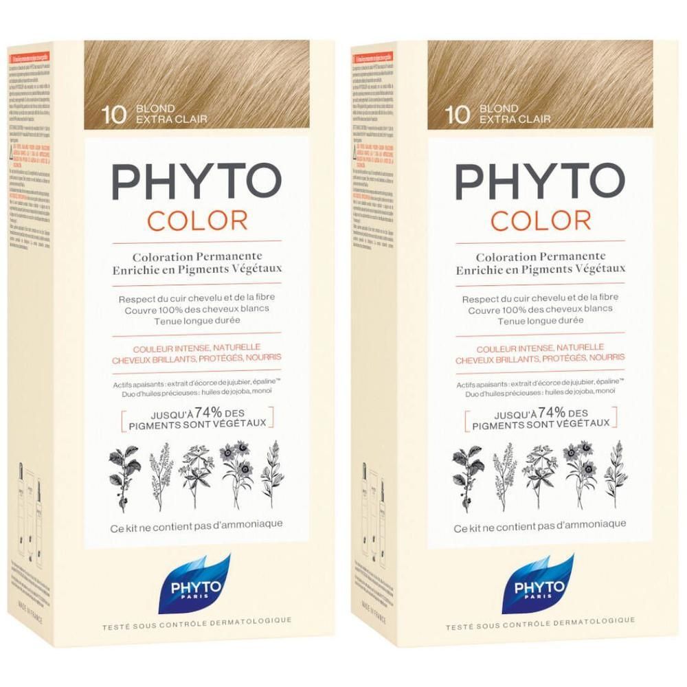 Deux boîtes de PHYTOCOLOR 10 Blond Extra Clair coloration permanente enrichie en pigments végétaux.