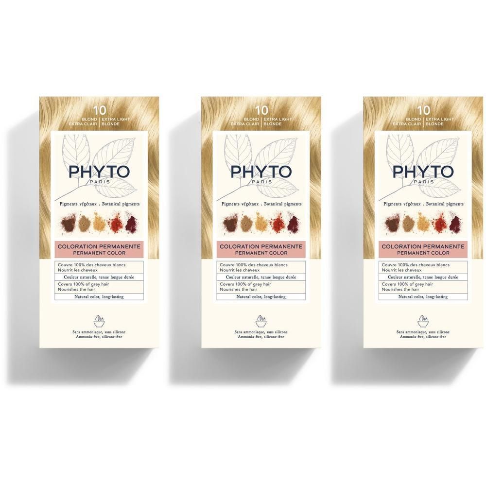 Trois boîtes de Phyto Phytocolor 10 Blond Extra Clair coloration permanente.