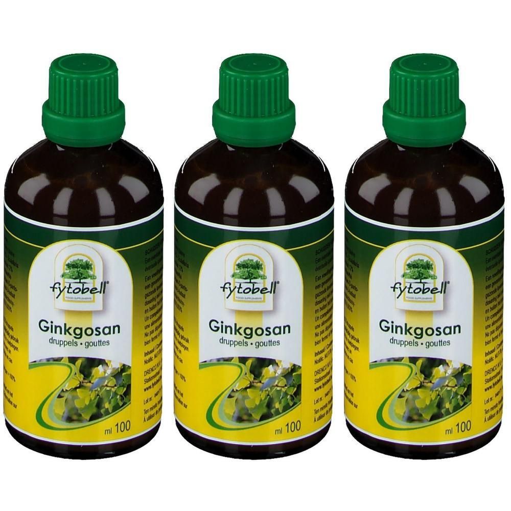 Trois flacons compte-gouttes bruns avec bouchons verts, étiquettes montrant des feuilles de ginkgo et "Fytobell Ginkgosan".