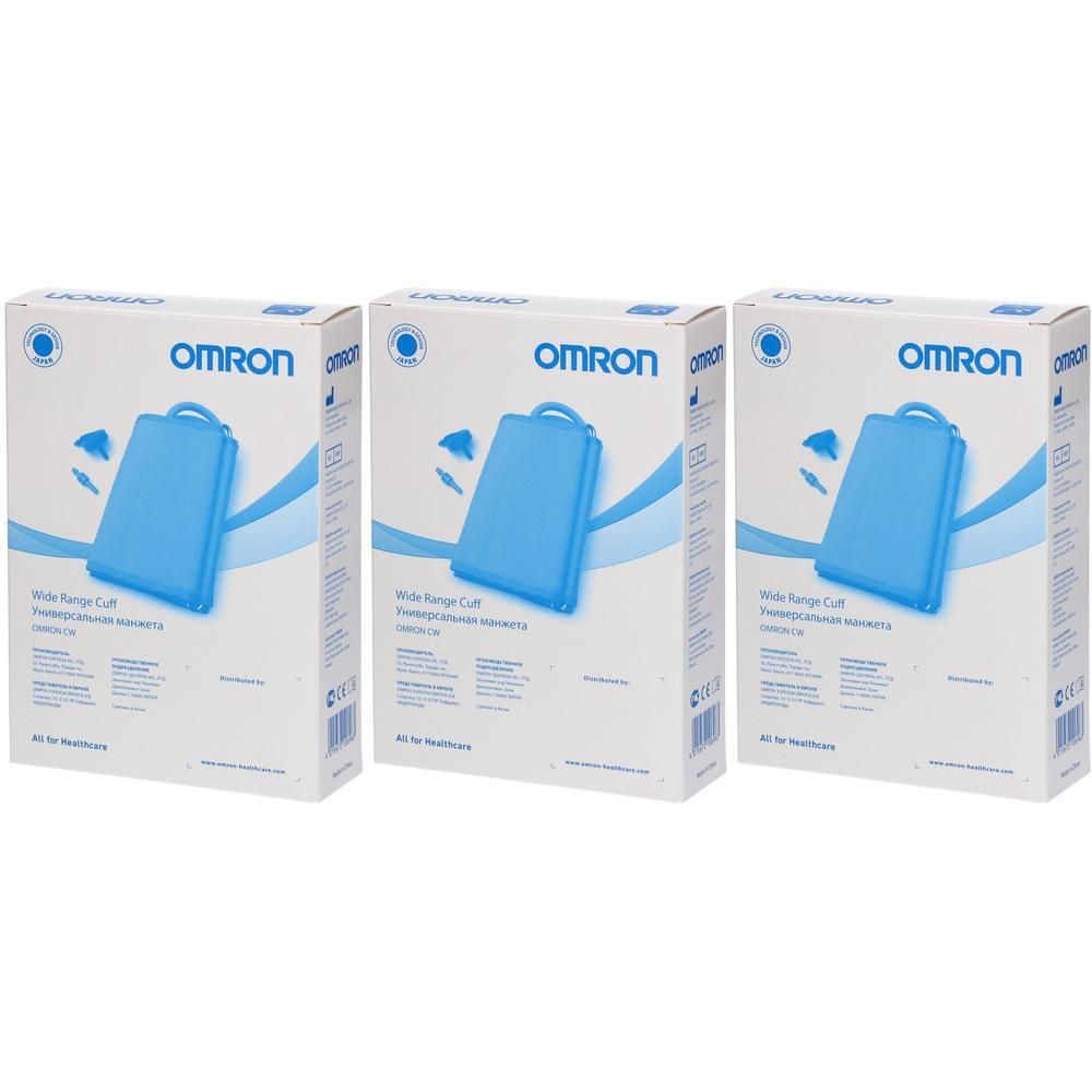 Trois boîtes Omron pour brassards. Illustration de brassard bleu sur carton blanc.