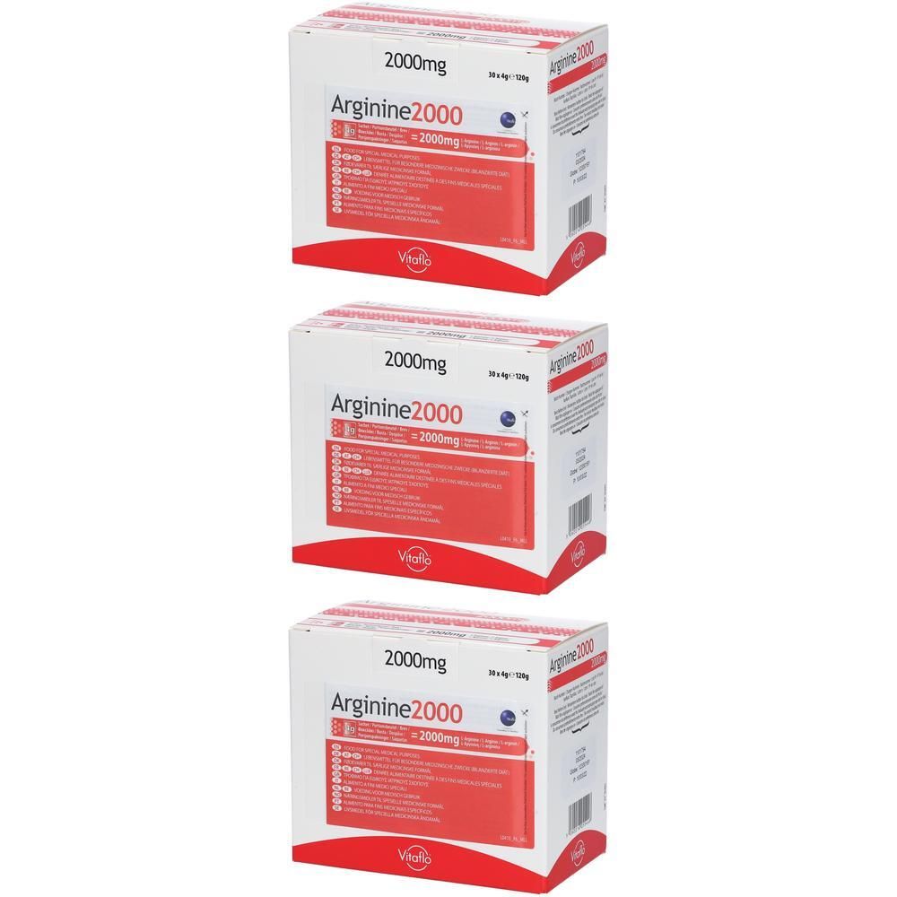 Trois boîtes de poudre Vitaflo Arginine 2000mg. Chaque boîte contient 30 sachets.
