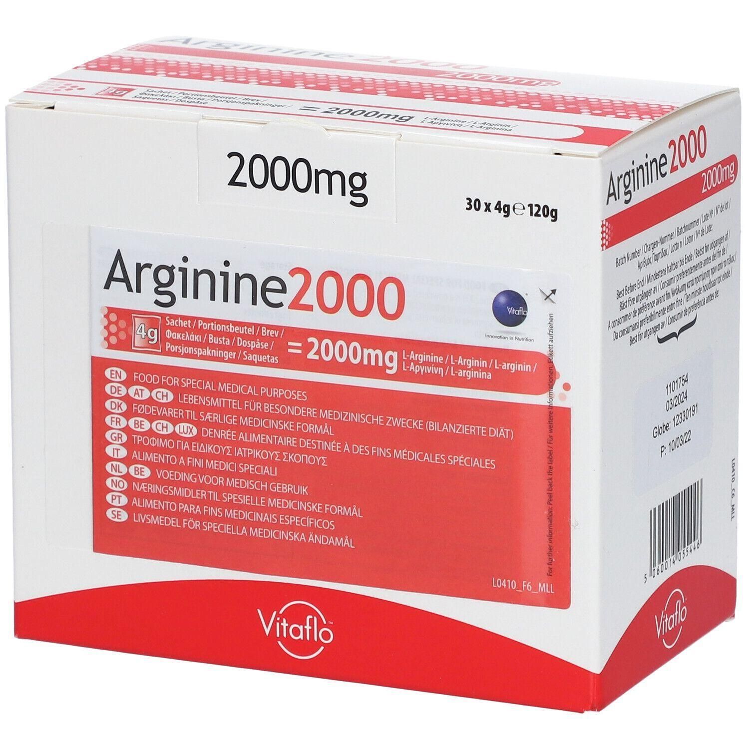Vitaflo Arginine 2000, 30x 4g sachets. Poudre pour denrées alimentaires destinées à des fins médicales spéciales.