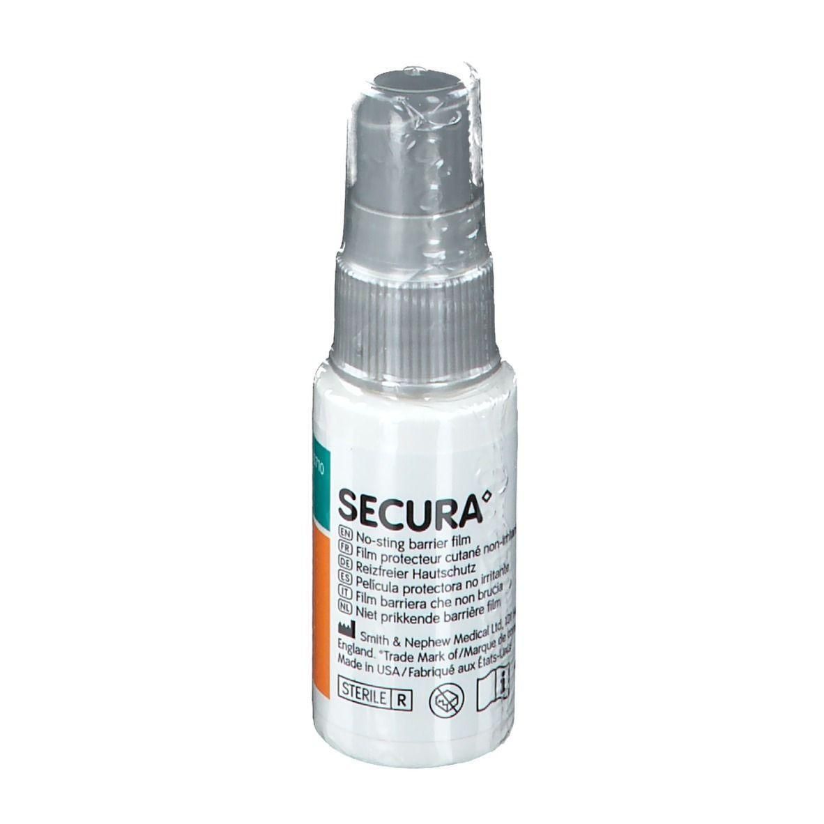 Secura No-Sting Barrier Spray : spray film protecteur dans un flacon blanc avec pulvérisateur argenté.