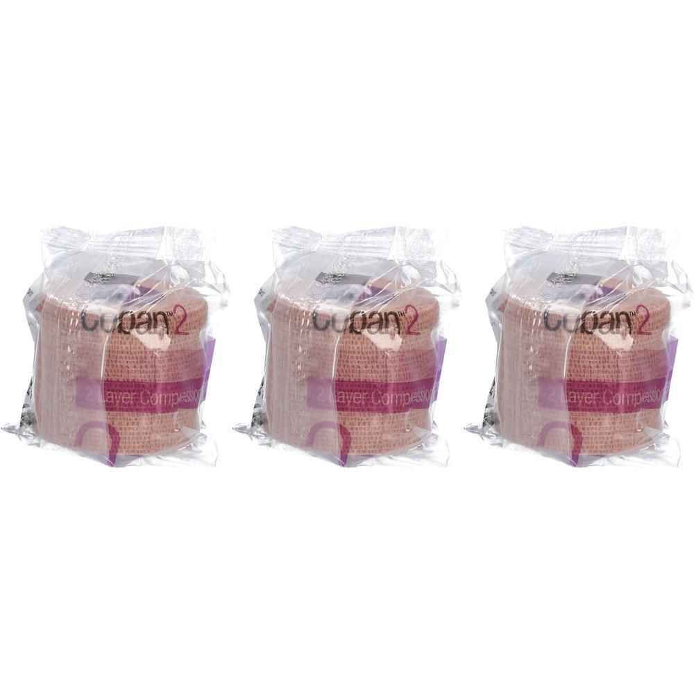 Drie rollen 3M Coban 2 compressiezwachtel, individueel verpakt.