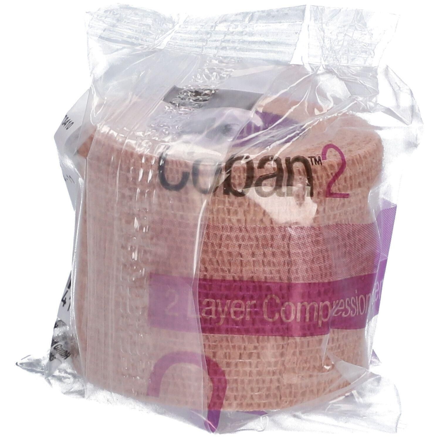 3M Coban 2 compressiezwachtel, 2-laags, in plastic verpakking.