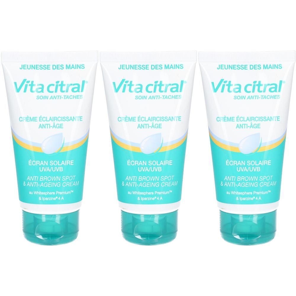 Drie tubes Vita Citral handcrème tegen vlekken en veroudering. Met UVA/UVB zonbescherming.