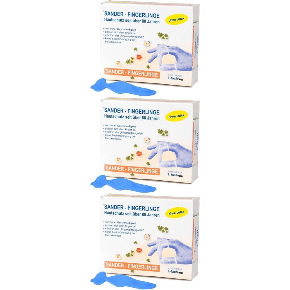 Trois paquets de Sander Fingerlinge, protection cutanée depuis plus de 80 ans. Doigtiers bleus devant.