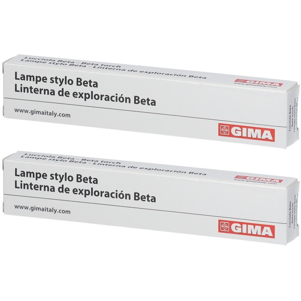 Deux lampes stylo d'examen GIMA Beta sur leur emballage.