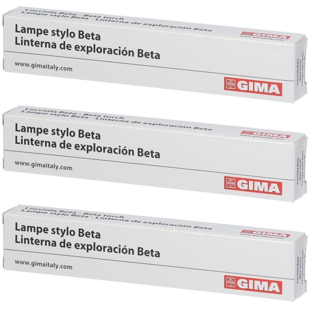 Trois lampes d'examen stylo Beta GIMA dans leur emballage blanc.