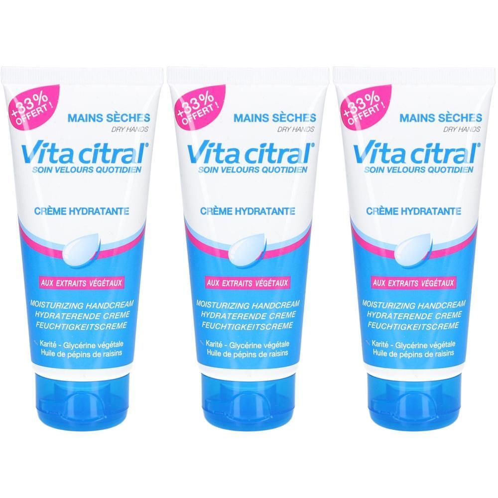 Drie Vita Citral handcrème tubes voor droge handen. Met plantaardige extracten.