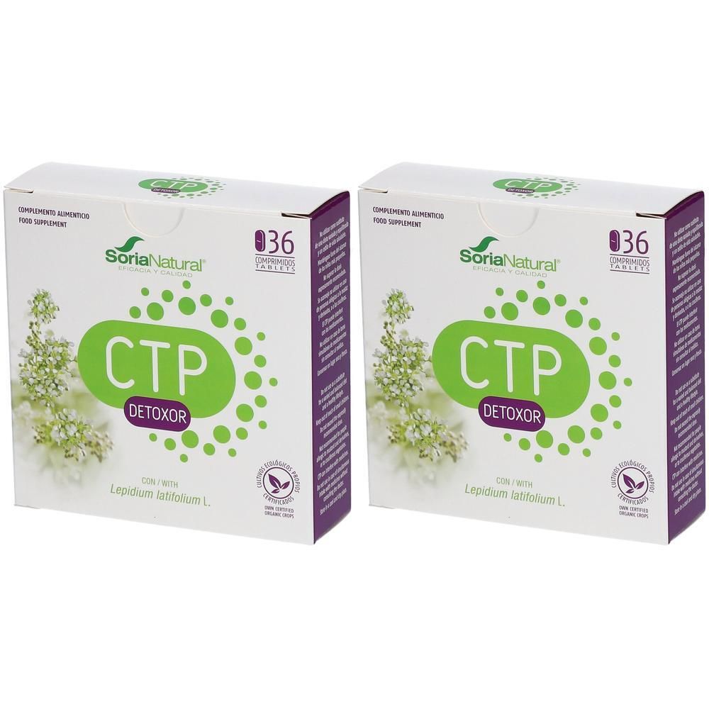 Deux boîtes Soria Natural CTP DETOXOR, 36 comprimés chacune. Emballage blanc avec accents verts et violets.