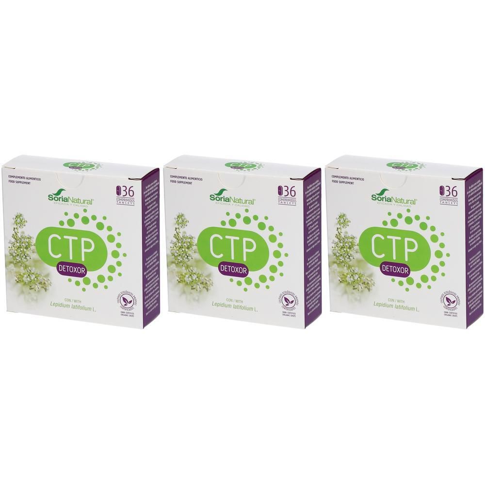 Drie dozen Soria Natural CTP Detoxor, elk 36 capsules. Witte verpakking met groene en paarse accenten.
