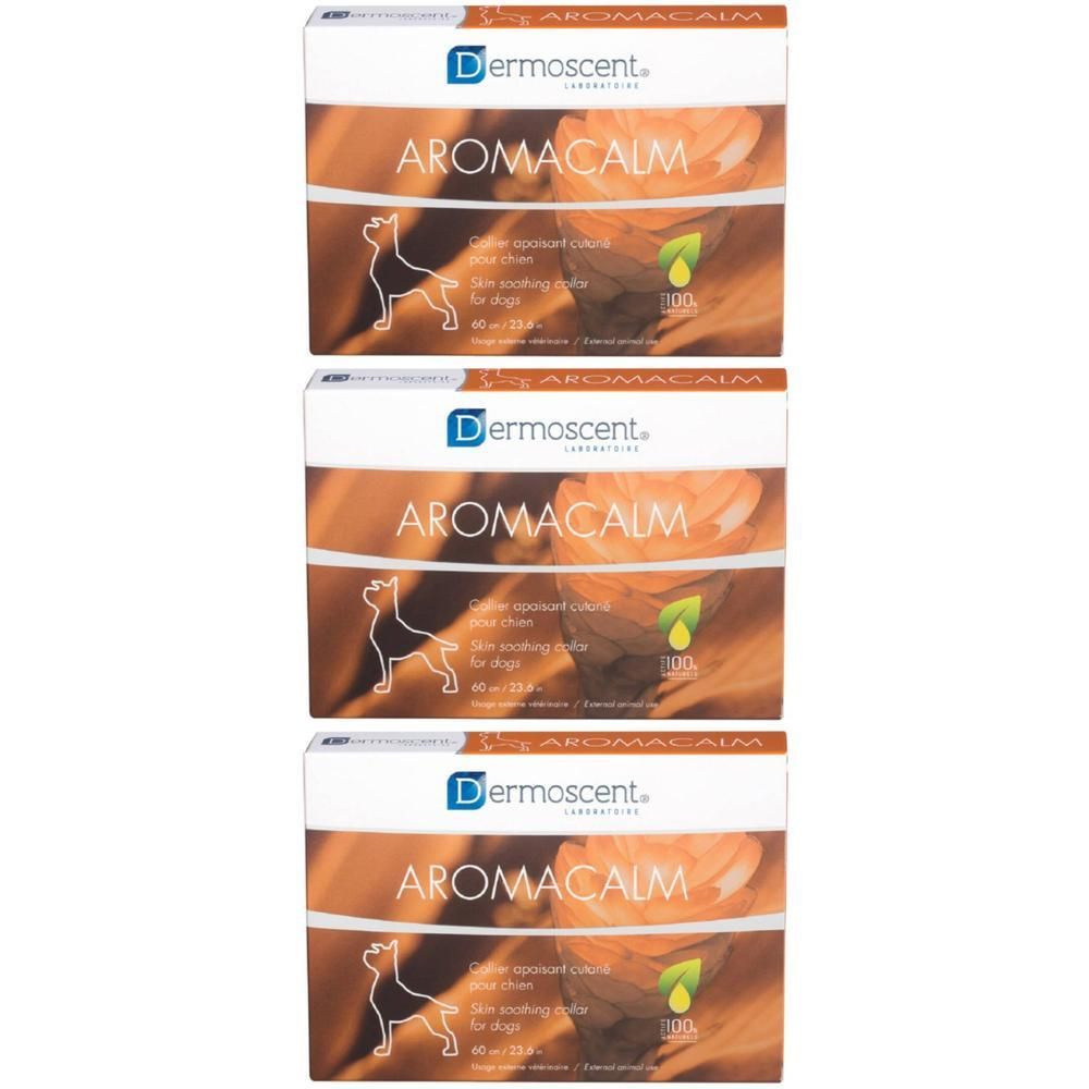 Drie Dermoscent Aromacalm hondenhalsbanden, individueel verpakt.