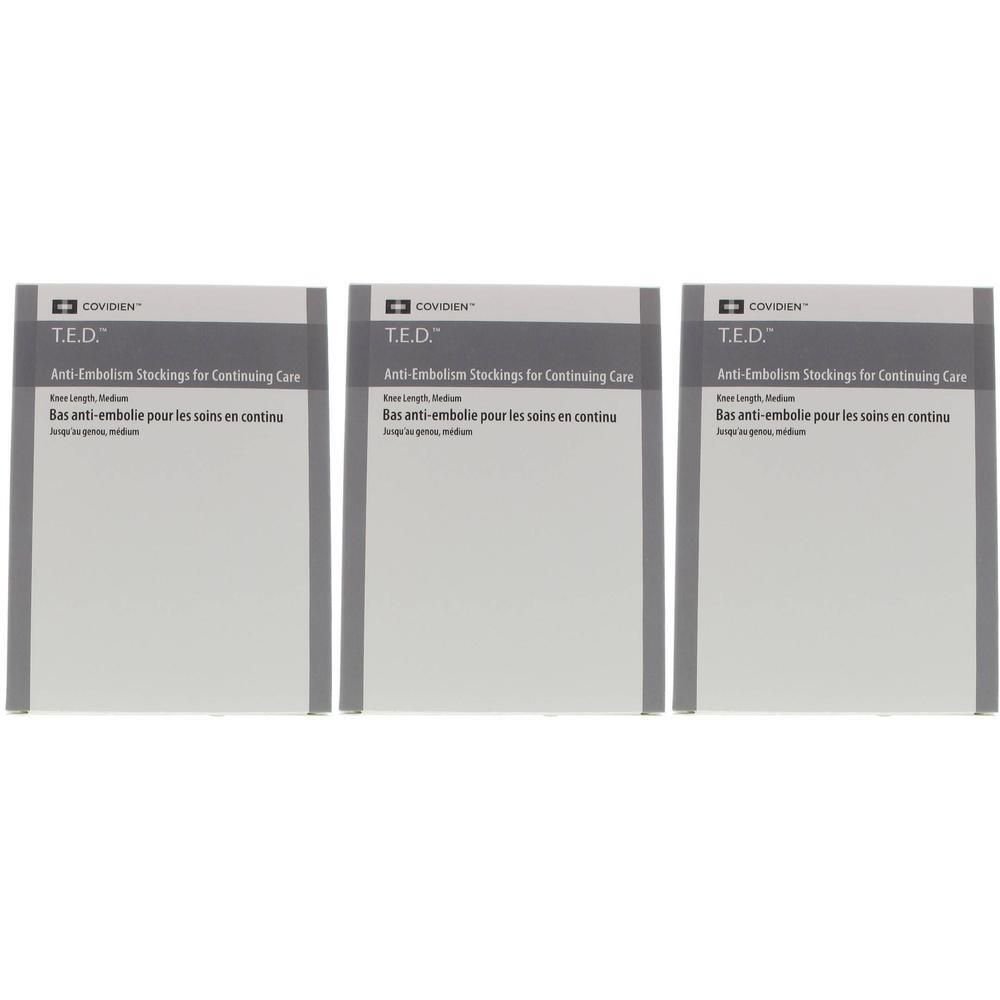 Trois paquets de bas anti-embolie T.E.D. pour soins continus, taille M, beige.