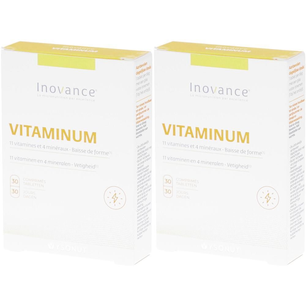 Deux boîtes Inovance Vitaminum de 30 comprimés chacune. Contient 11 vitamines et 4 minéraux.