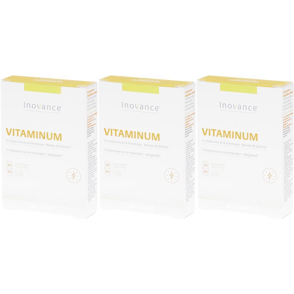 Trois boîtes Inovance Vitaminum avec bande jaune en haut. Inscription : Inovance Vitaminum.