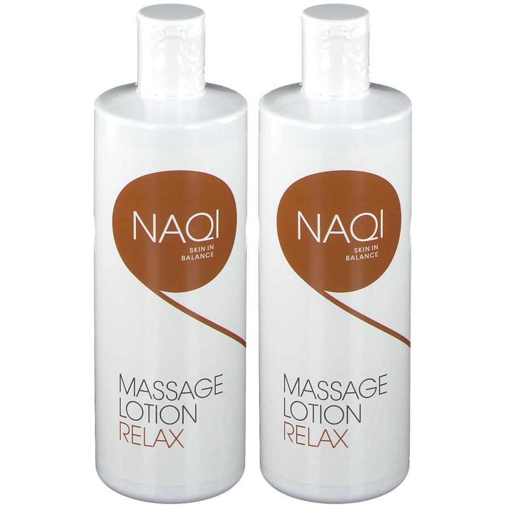 Deux bouteilles blanches de NAQI Massage Lotion Relax avec logo circulaire marron.