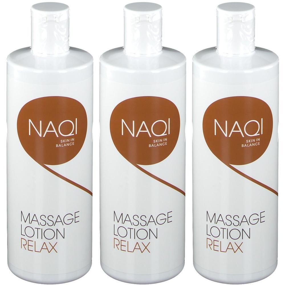 Drie witte flessen NAQI Massage Lotion Relax met bruin cirkelvormig logo.
