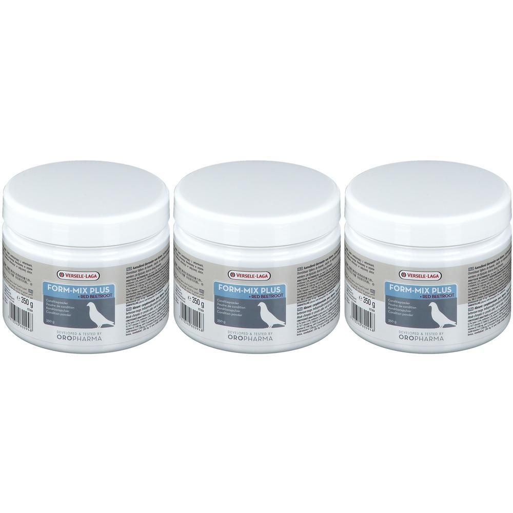 Drie potten Form-Mix Plus met duivensymbool en 250g aanduiding.