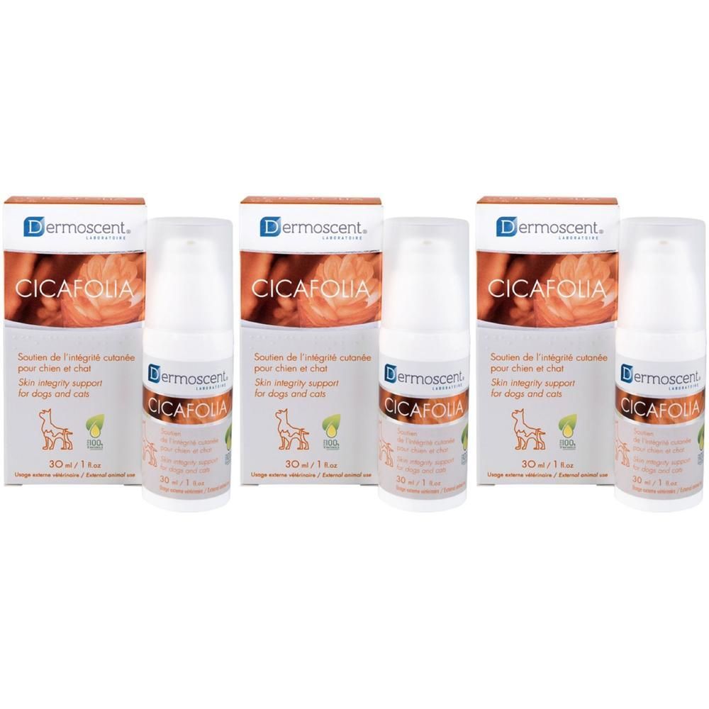 Trois flacons Dermoscent Cicafolia avec pompe et leur boîte.