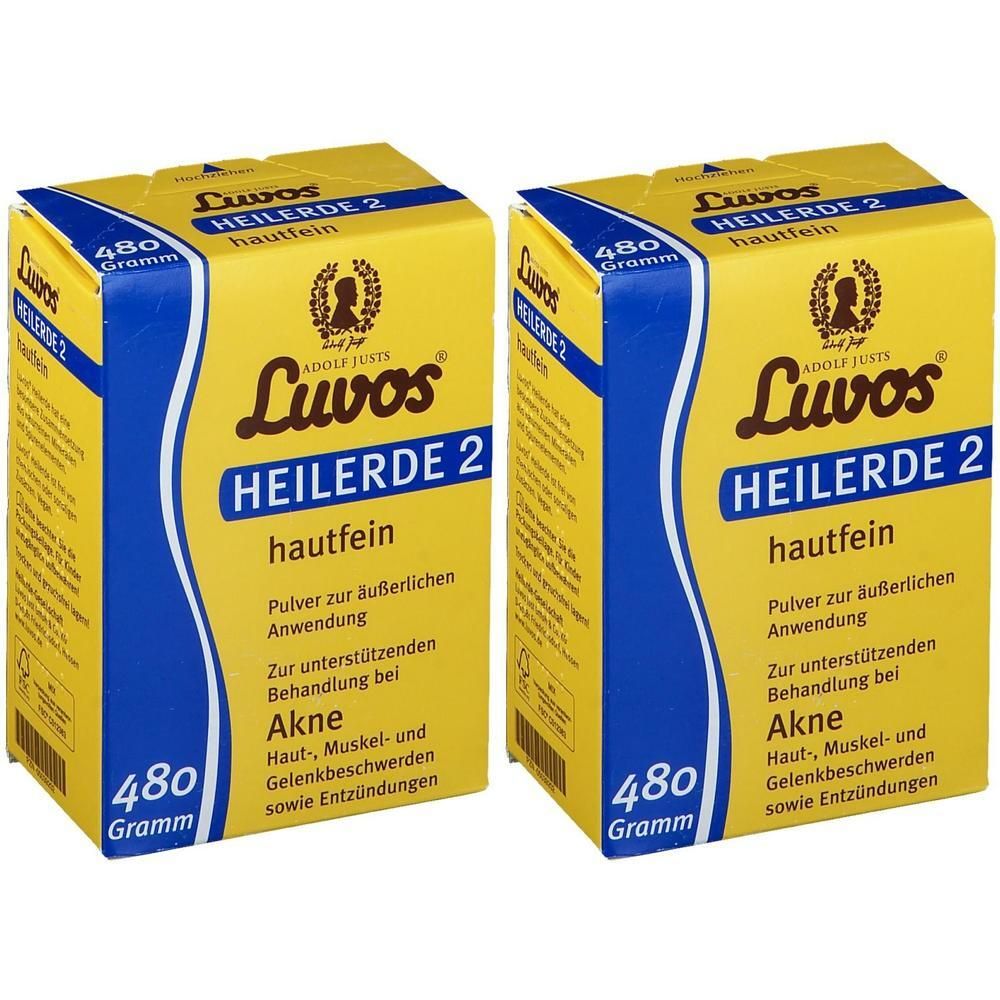 Twee pakken Luvos Heilerde 2 hautfein, elk 480g. Poeder voor uitwendig gebruik bij acne en ontstekingen.