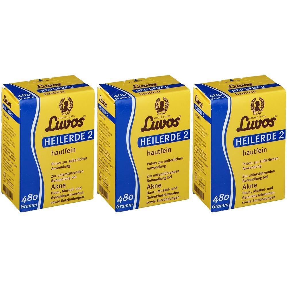 Drie pakken Luvos Heilerde 2 Hautfein, elk 480g. Poeder voor uitwendig gebruik bij acne en ontstekingen.