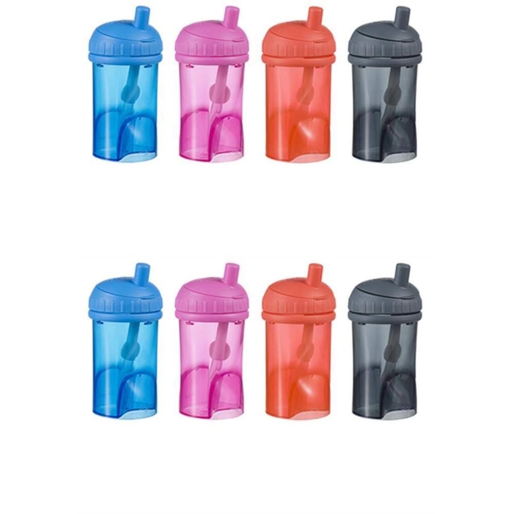 Vier drinkbekers met rietje in blauw, roze, oranje en grijs.