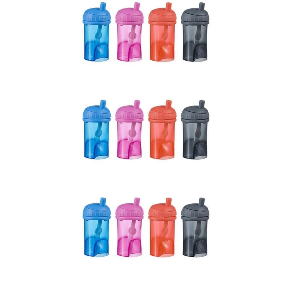 Vier drinkbekers met rietje in blauw, roze, oranje en grijs.