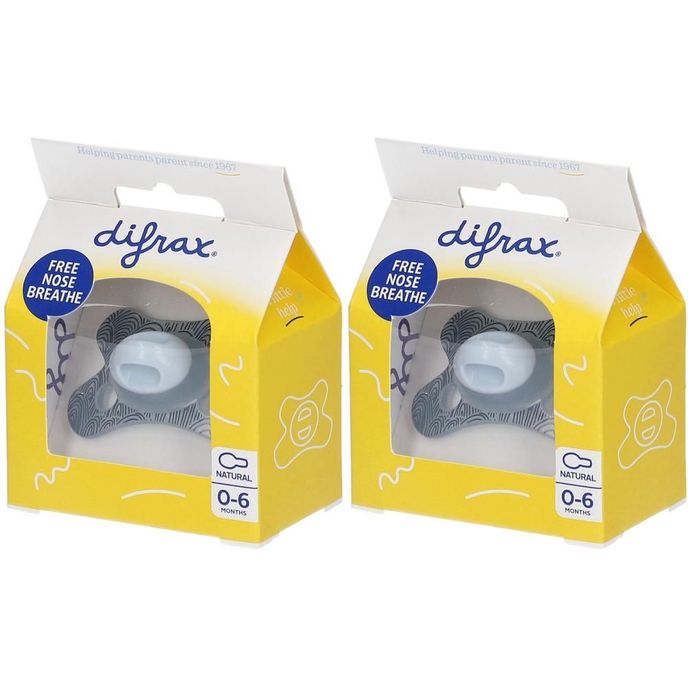 Deux sucettes Difrax dans des boîtes jaunes, 0-6 mois.