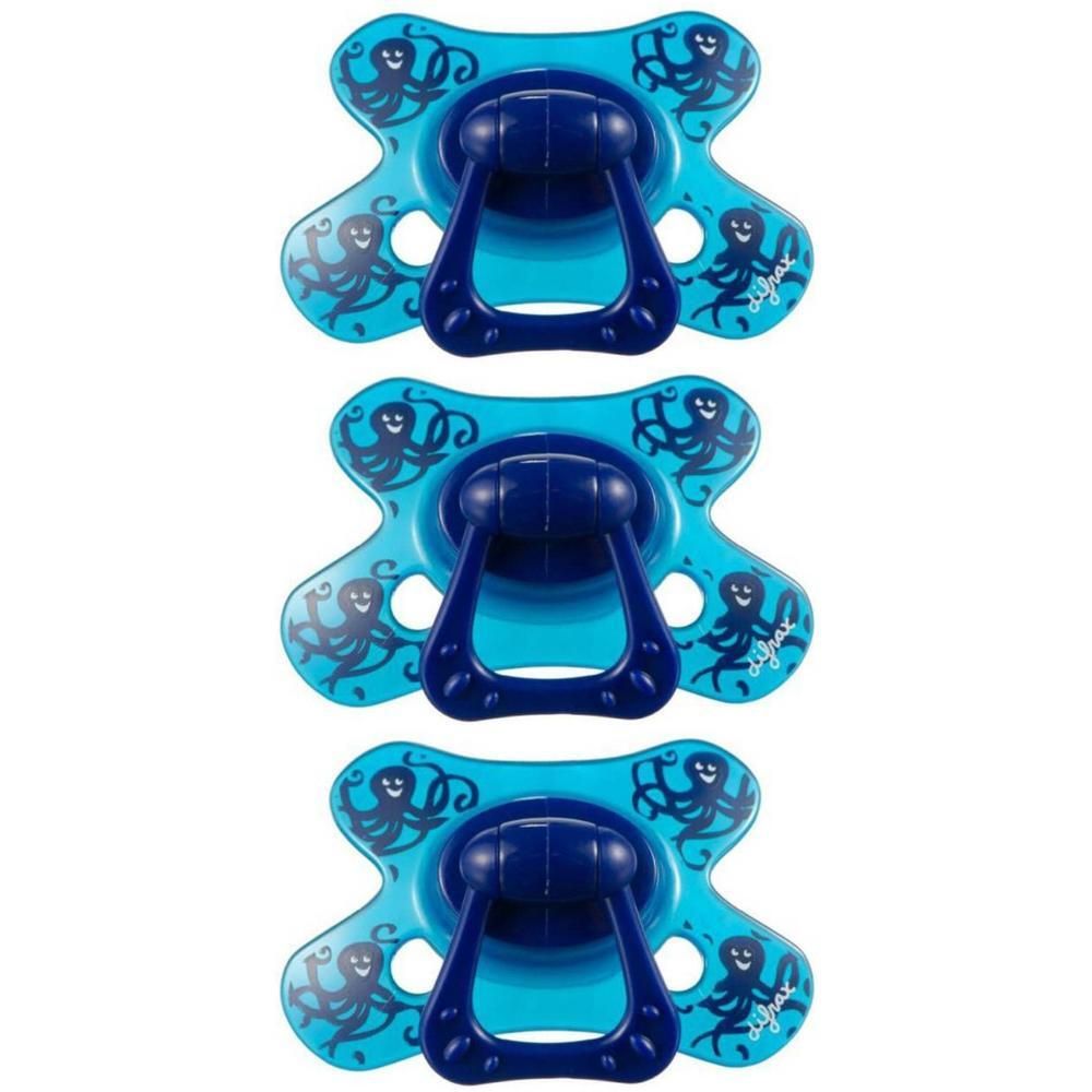 Trois sucettes bleues avec motif pieuvre et anneau bleu foncé.