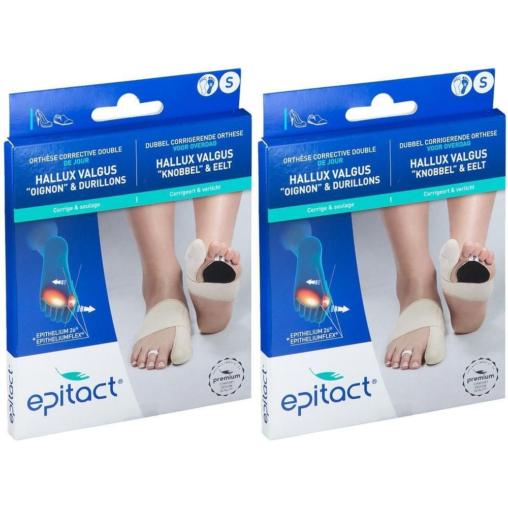 Deux paquets d'orthèses correctives de jour Epitact Hallux Valgus, taille S.