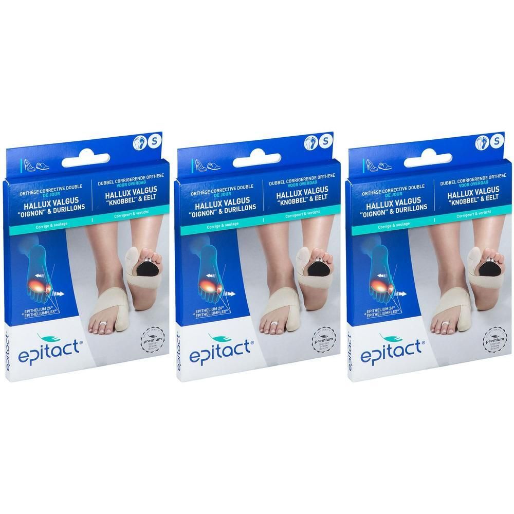 Drie pakken Epitact Hallux Valgus correctieorthesen voor overdag.