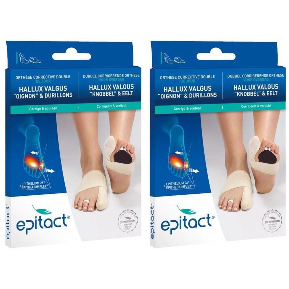 Deux paquets d'orthèses correctives de jour Epitact pour Hallux Valgus. Bandages beiges pour le pied droit.