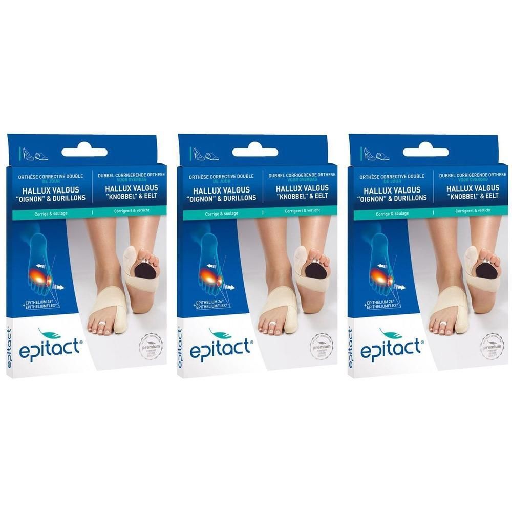 Trois paquets d'orthèses correctrices Epitact Hallux Valgus pour pied droit.