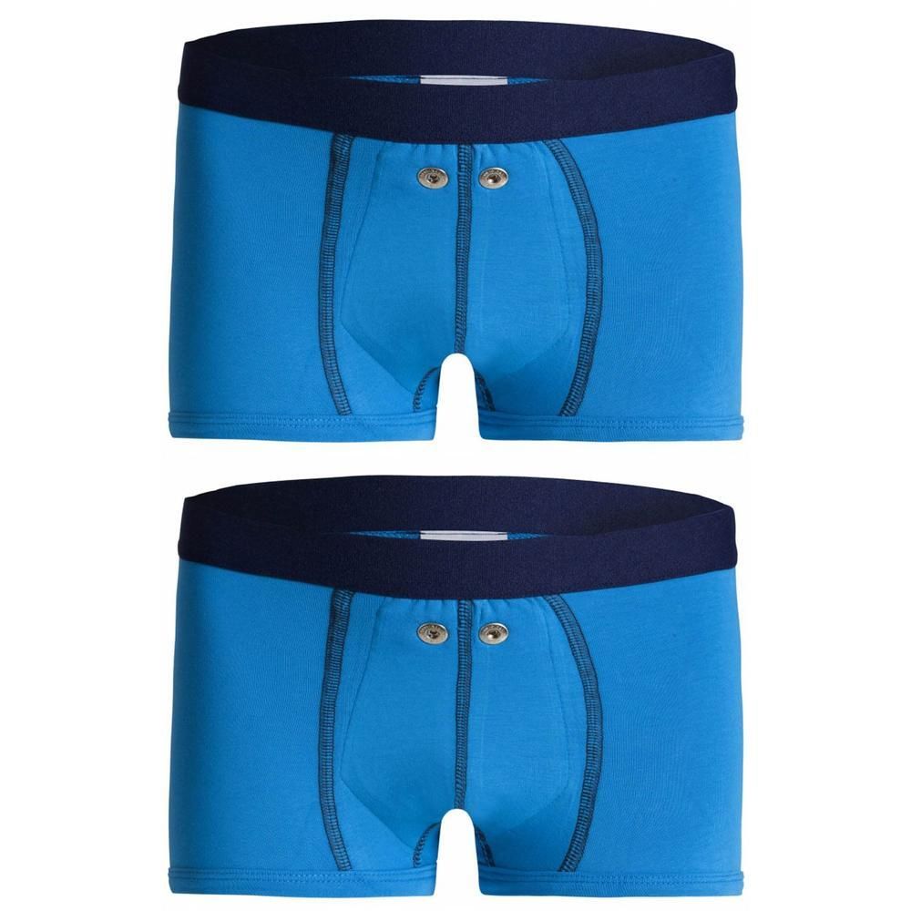 Deux boxers bleus pour garçon, ceinture bleu marine, braguette boutonnée.