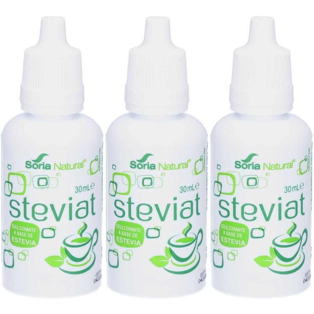 Drie witte druppelflaconnen met Steviat, zoetstof op basis van stevia.