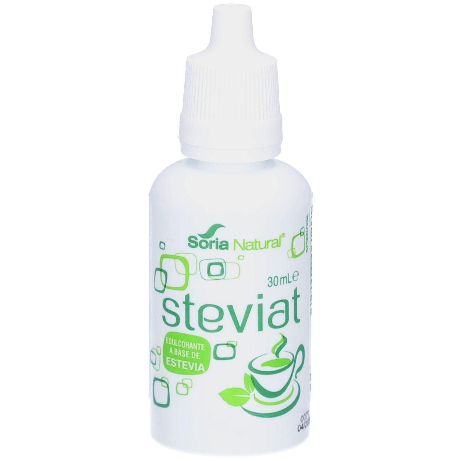 Witte druppelfles met Soria Natural Steviat etiket, 30ml.