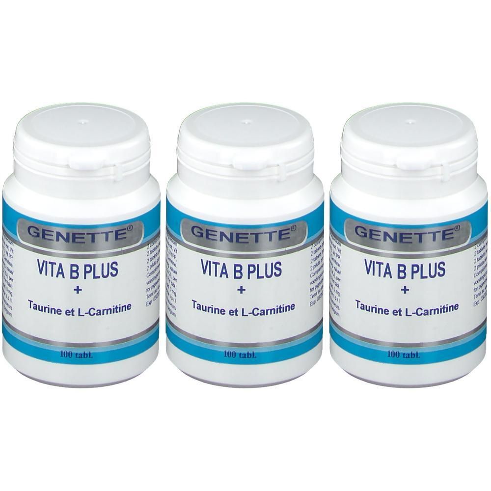 Drie flacons Vita B Plus Genette met Taurine en L-Carnitine, elk 100 tabletten.