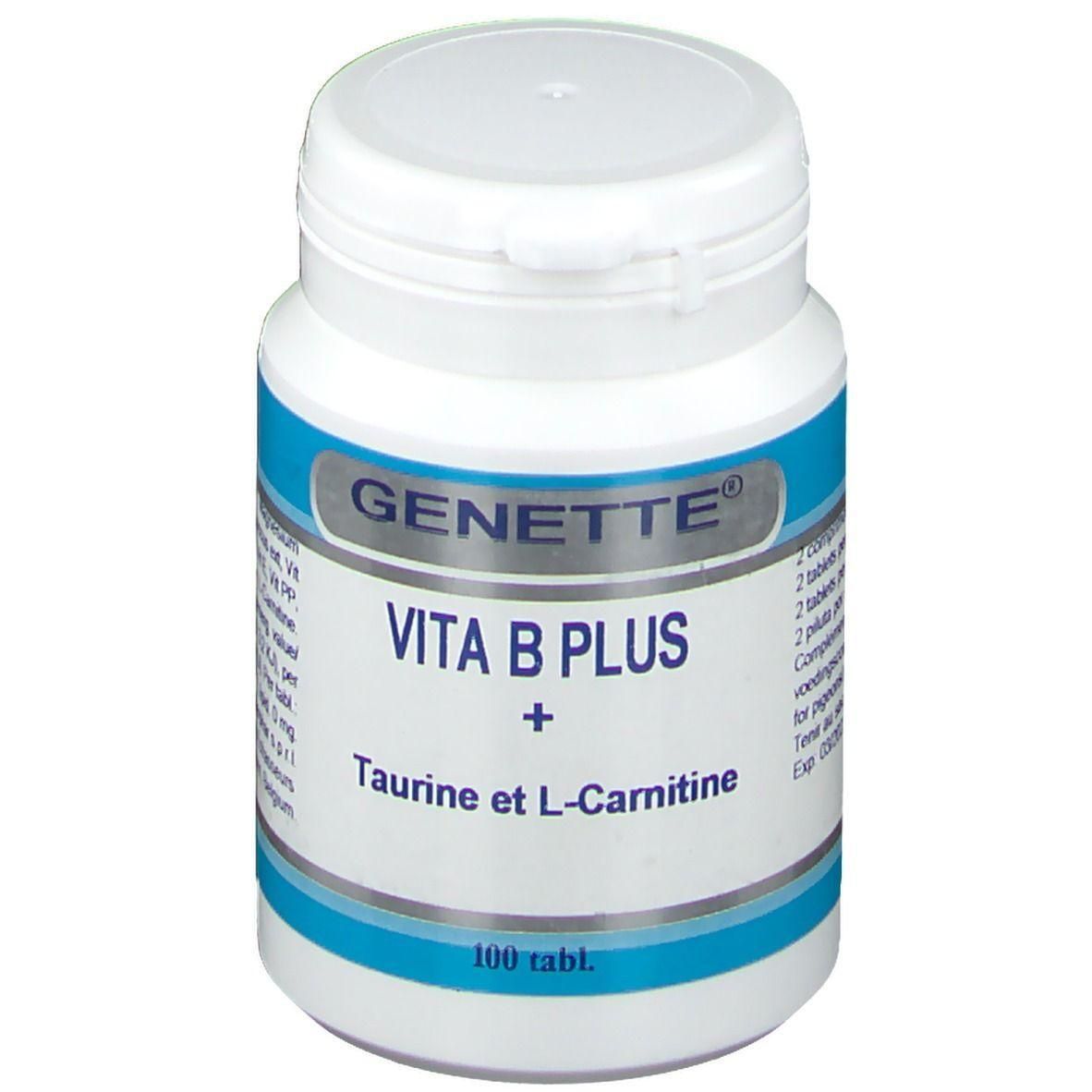 Bouteille blanche Vita B Plus Genette, Taurine et L-Carnitine, 100 comprimés.